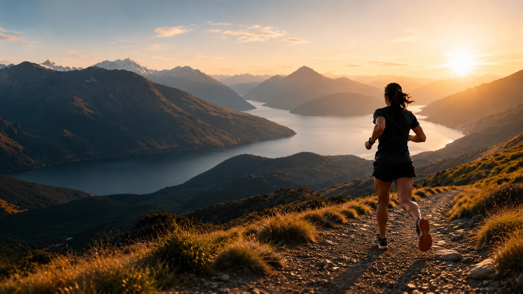 Trail runner at sunset overlooking a New Zealand alpine lake and mountains